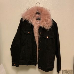 black denim shaggy pink faux fur collar jacket